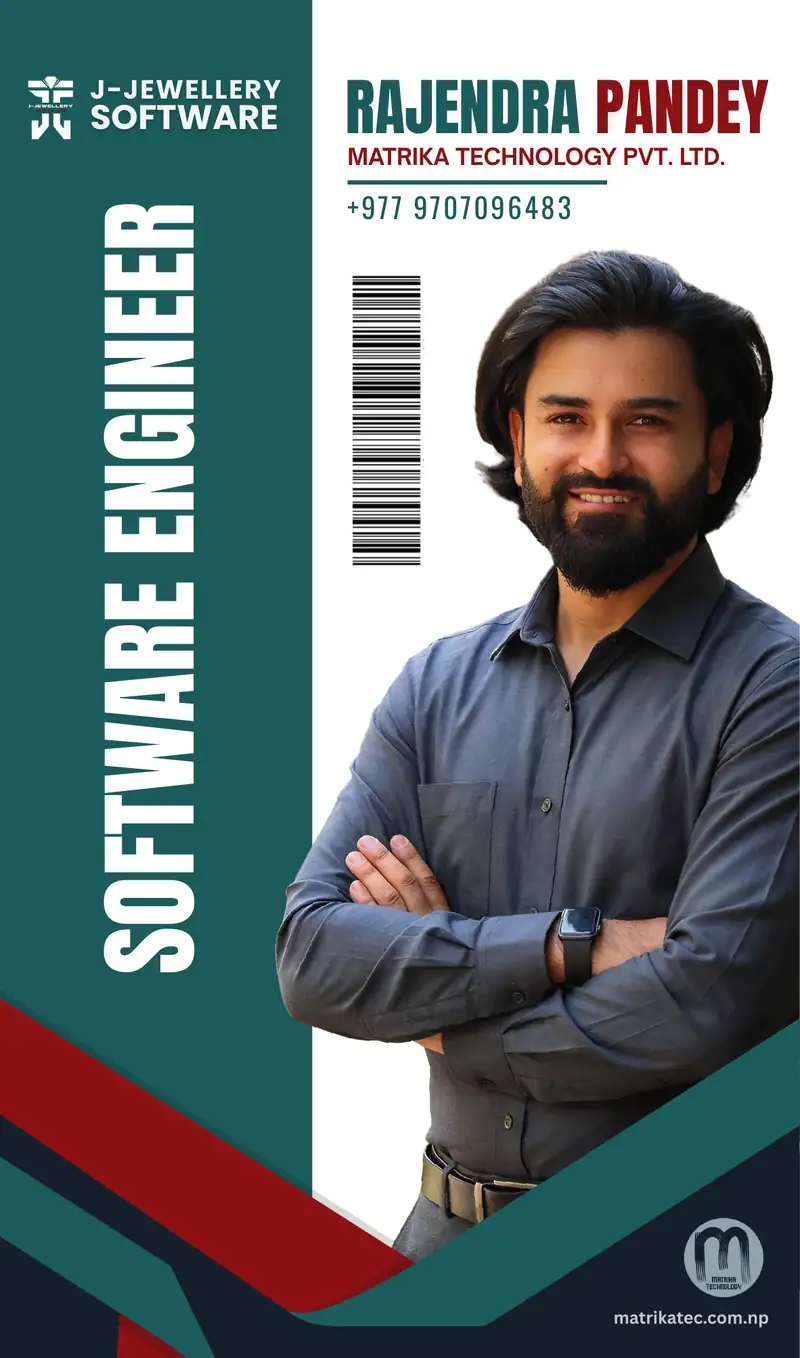 Matrika Technology staff ID card: Rajendra Pandey, Software Engineer, J-Jewellery Software