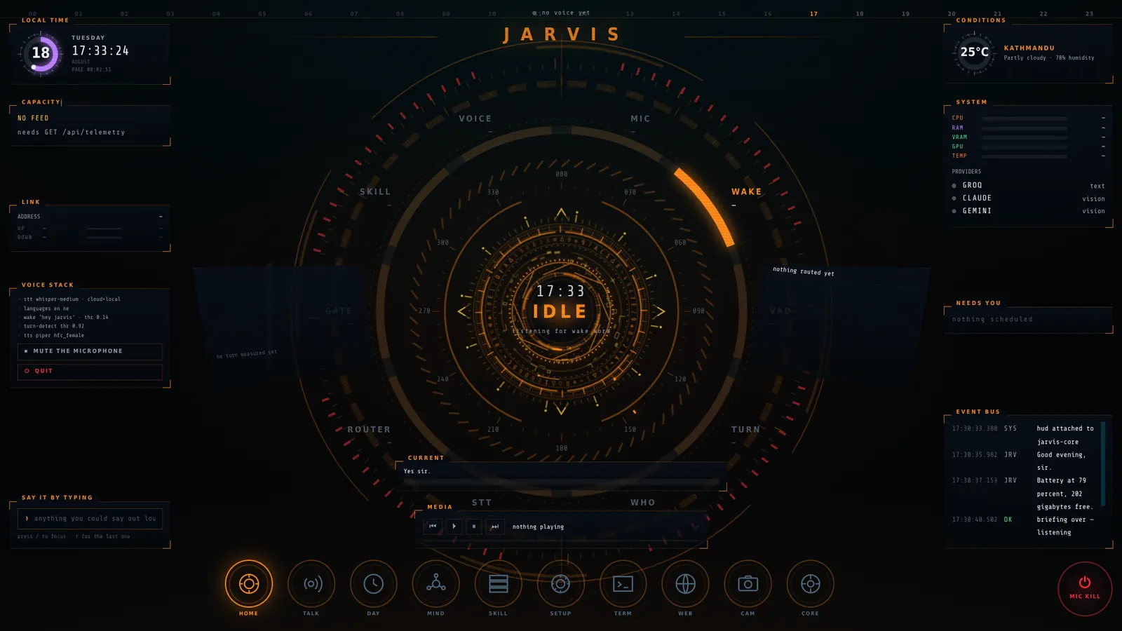 The Jarvis HUD on the left monitor, listening