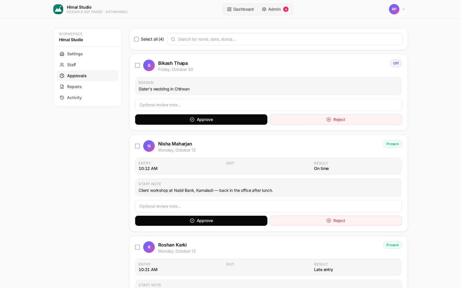 Tally on the web: approvals