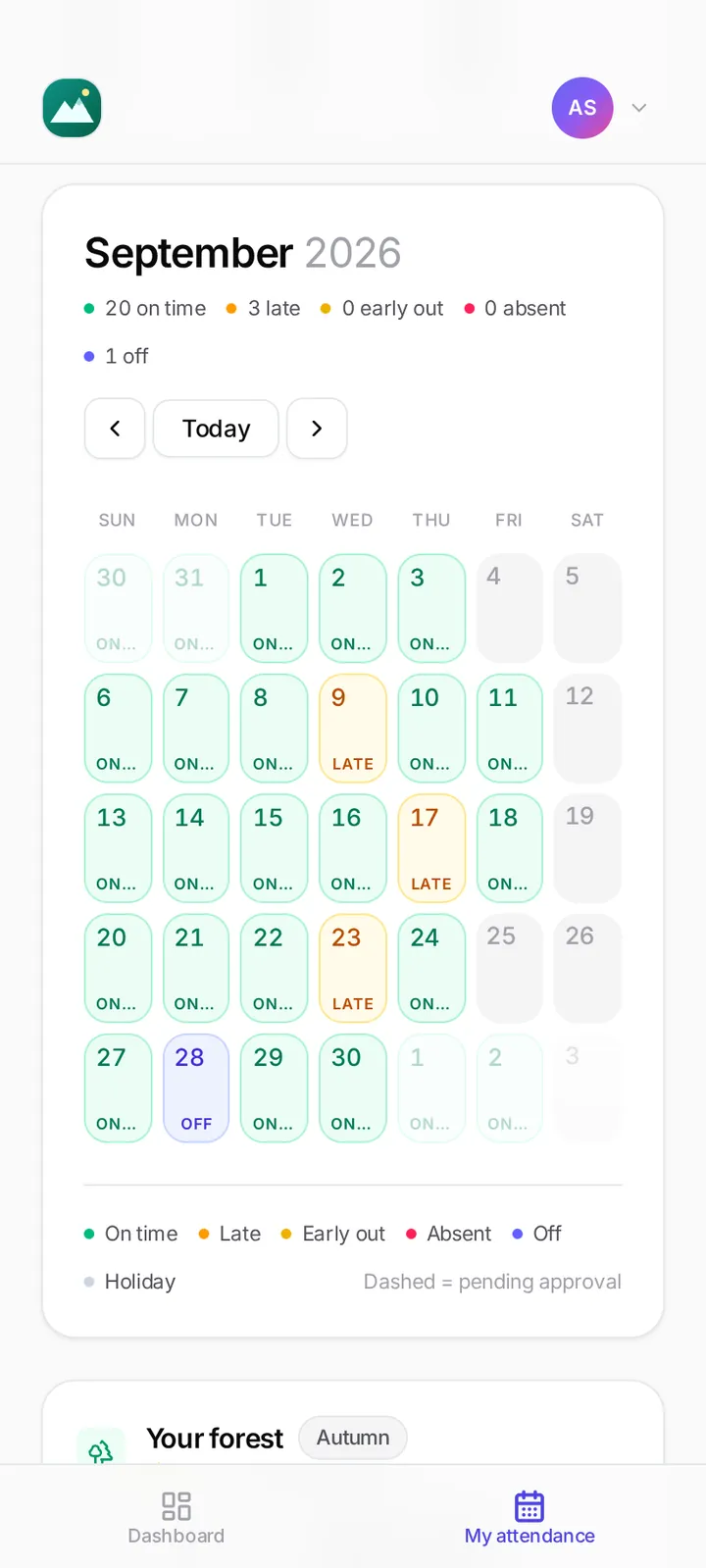 Tally at phone size: the calendar