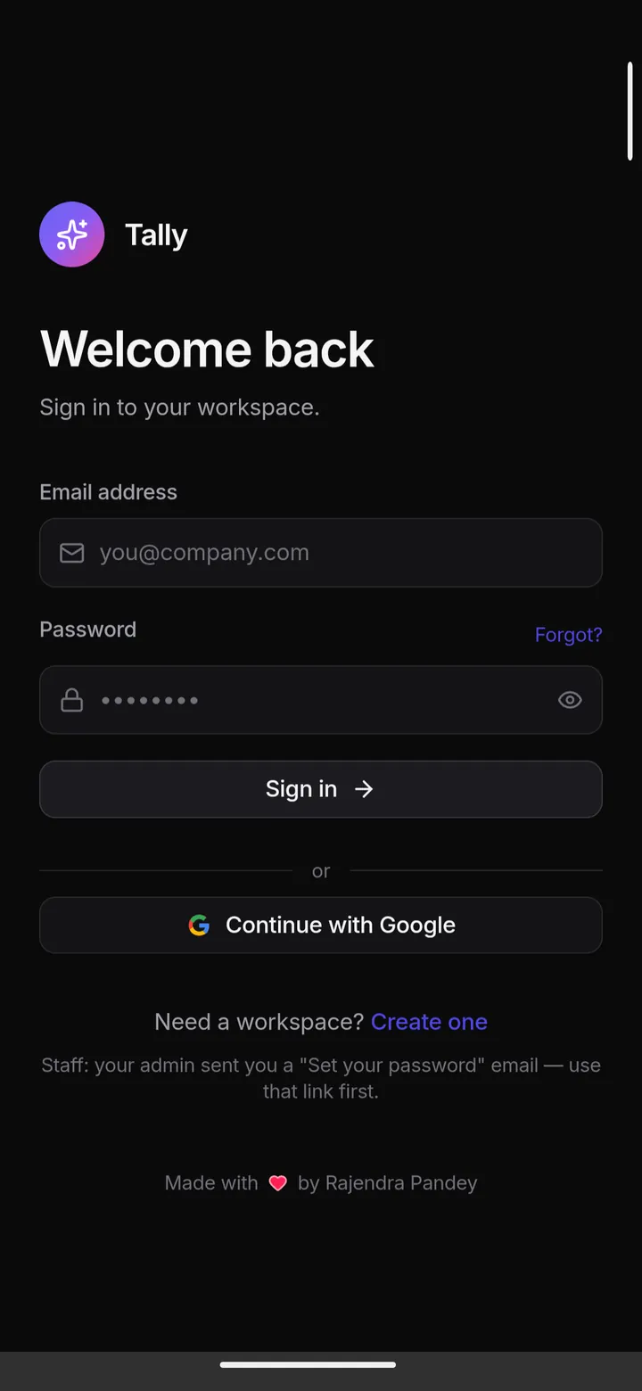 Tally at phone size: sign in