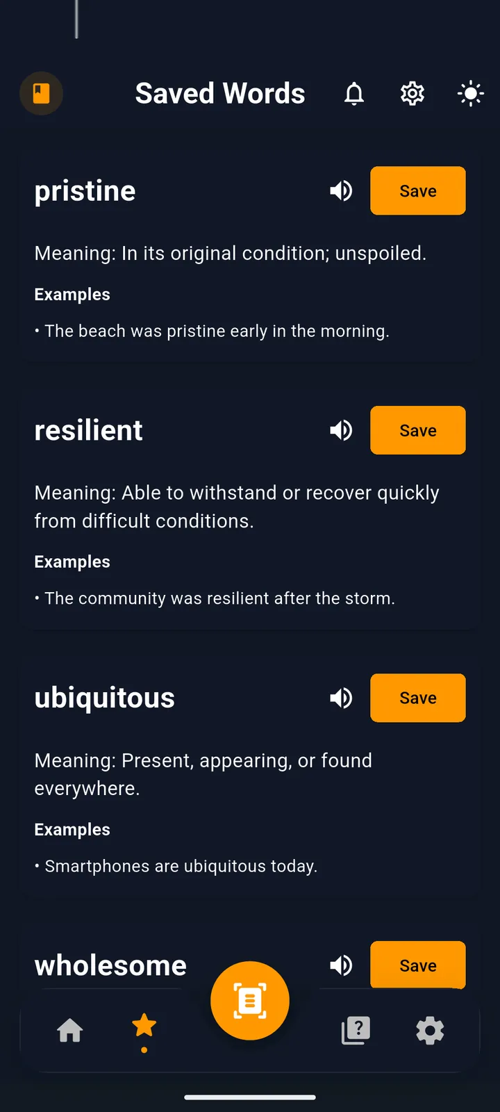 Vocabu, saved words, dark theme