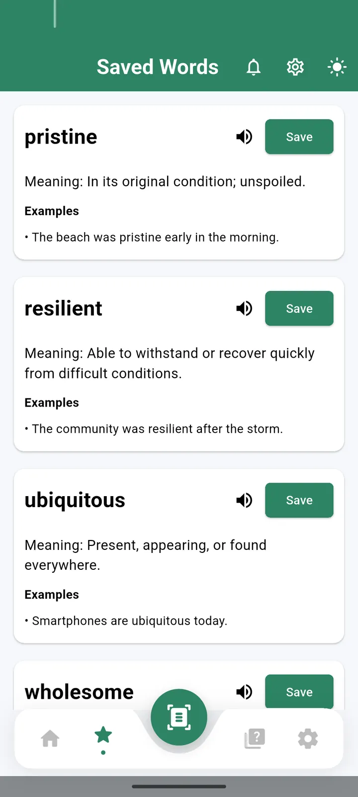 Vocabu, saved words, light theme